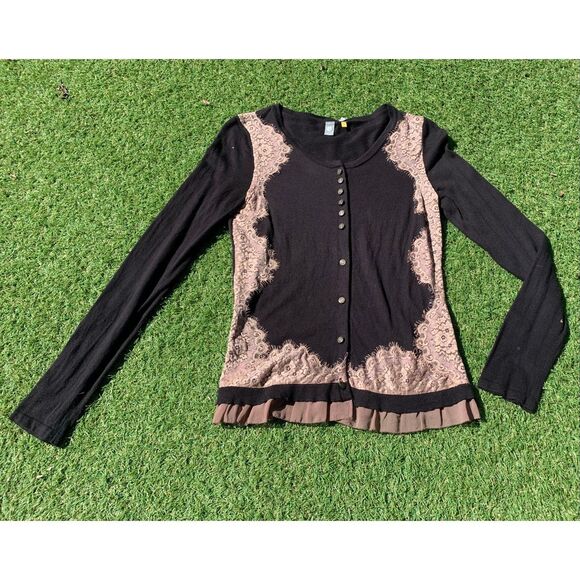 NEW Knitted & Knotted ANTHROPOLOGIE Laceframed black Cardigan SWEATER sz S - Picture 2 of 8